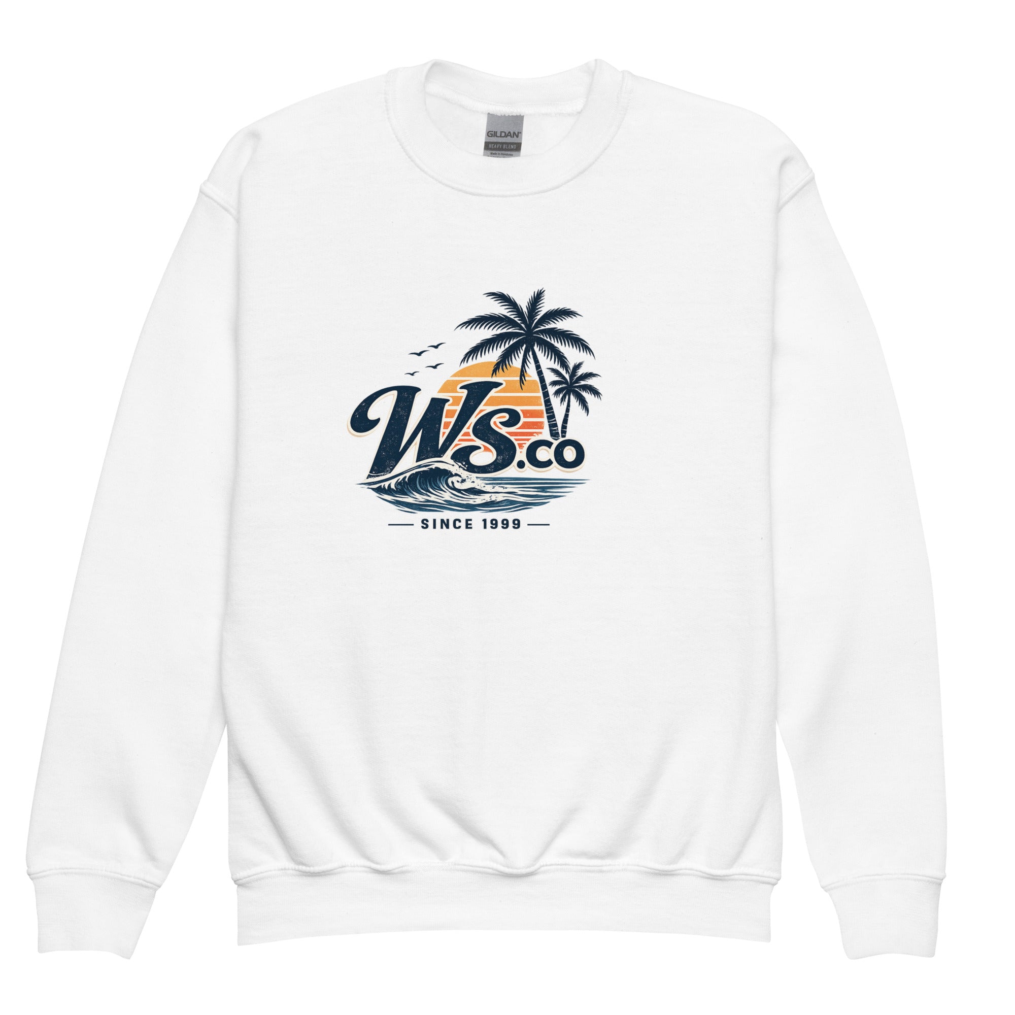 White WaveSurfing™ Youth Crewneck Sweatshirt with premium fleece fabric, classic fit, and coastal-inspired logo for kids.