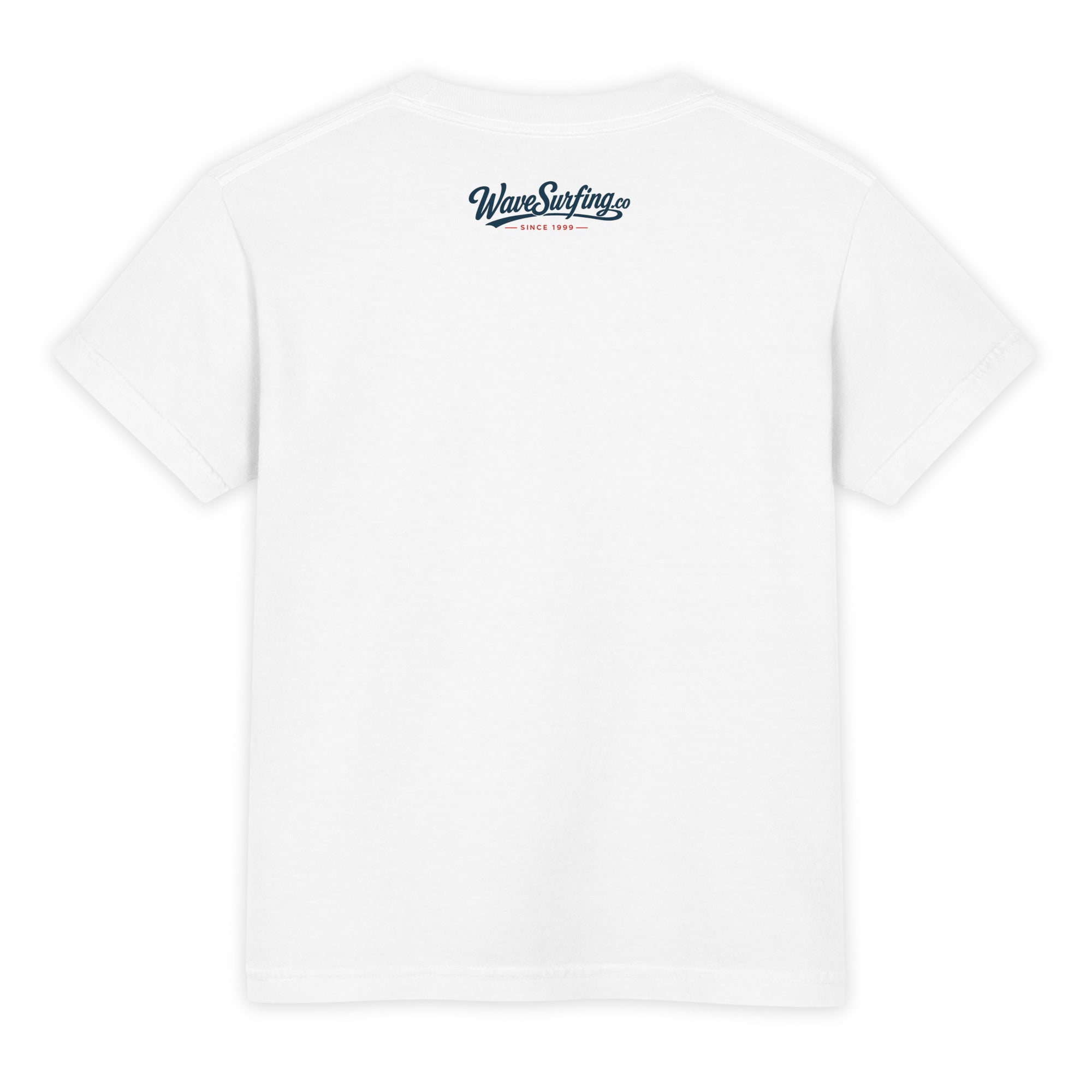 Back view of the WaveSurfing™ Youth Garment-Dyed Heavyweight T-Shirt featuring the minimalist WaveSurfing.co Since 1999 logo printed below the collar.