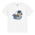 Front view of the WaveSurfing™ Youth Garment-Dyed Heavyweight T-Shirt featuring a vintage surf-inspired WS.co graphic with palm trees, ocean waves, and a sunset design.