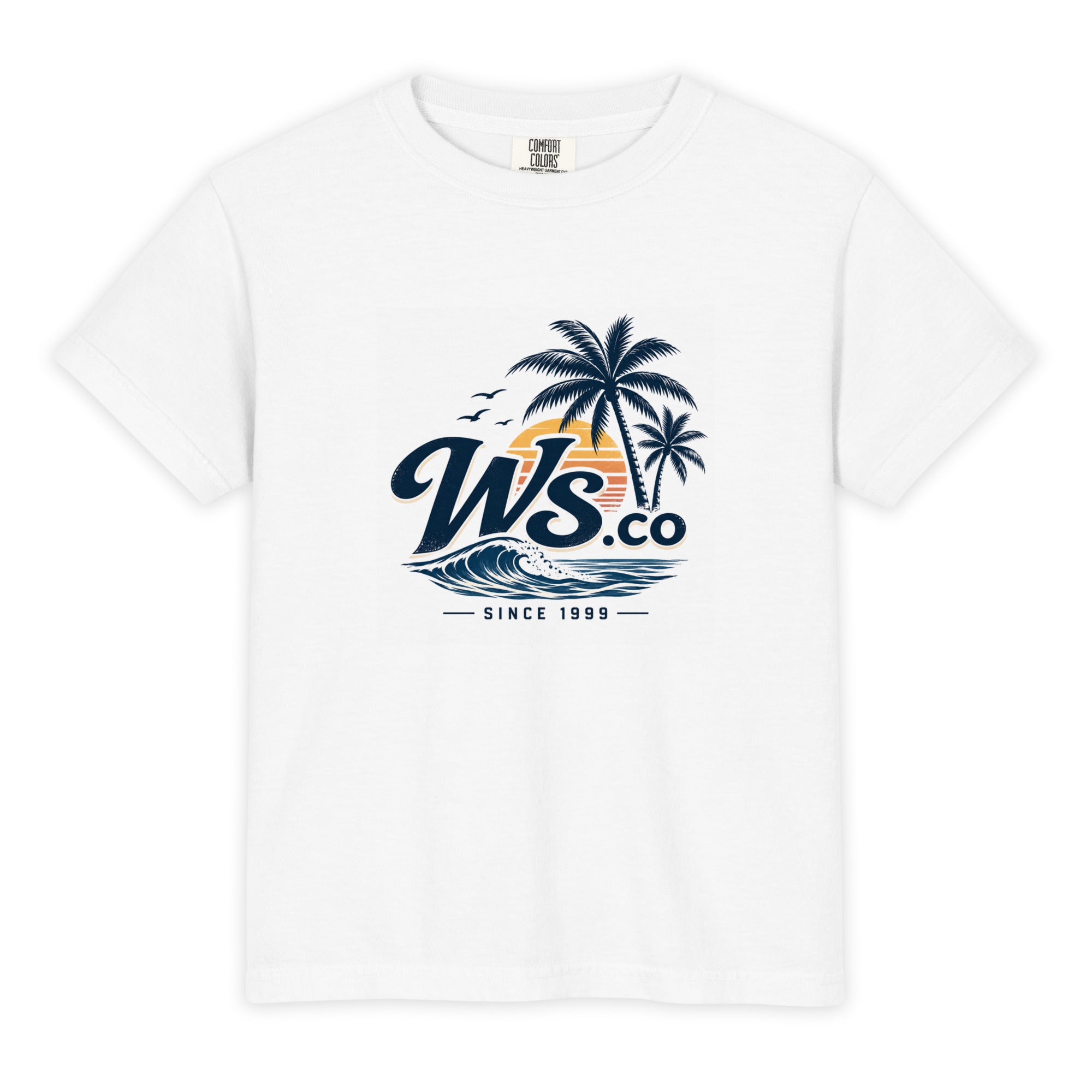 Front view of the WaveSurfing™ Youth Garment-Dyed Heavyweight T-Shirt featuring a vintage surf-inspired WS.co graphic with palm trees, ocean waves, and a sunset design.