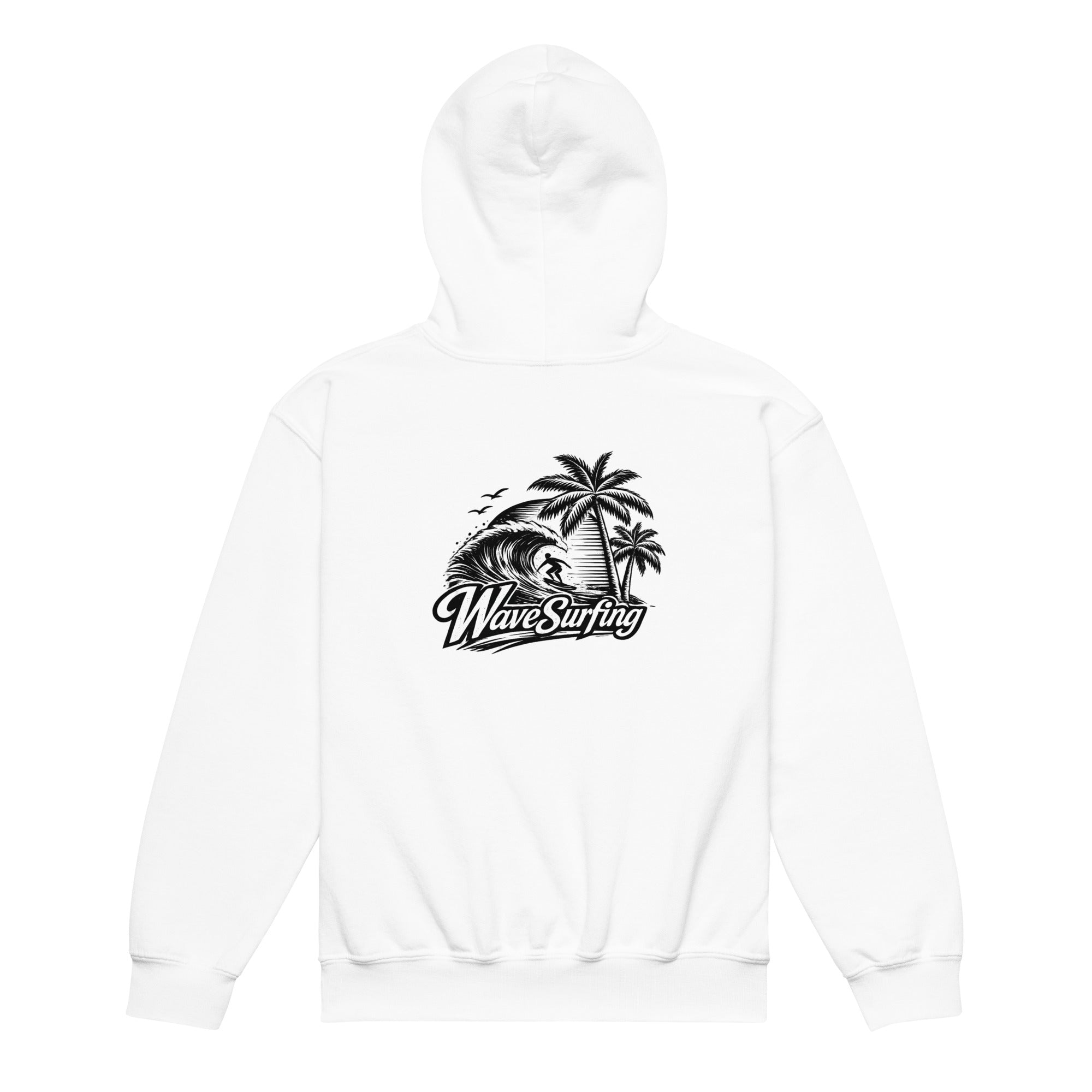 Back view of the white WaveSurfing™ Youth Heavy Blend Hoodie featuring the WaveSurfing wave, surfer and palm tree graphic in a coastal back-to-school setting.