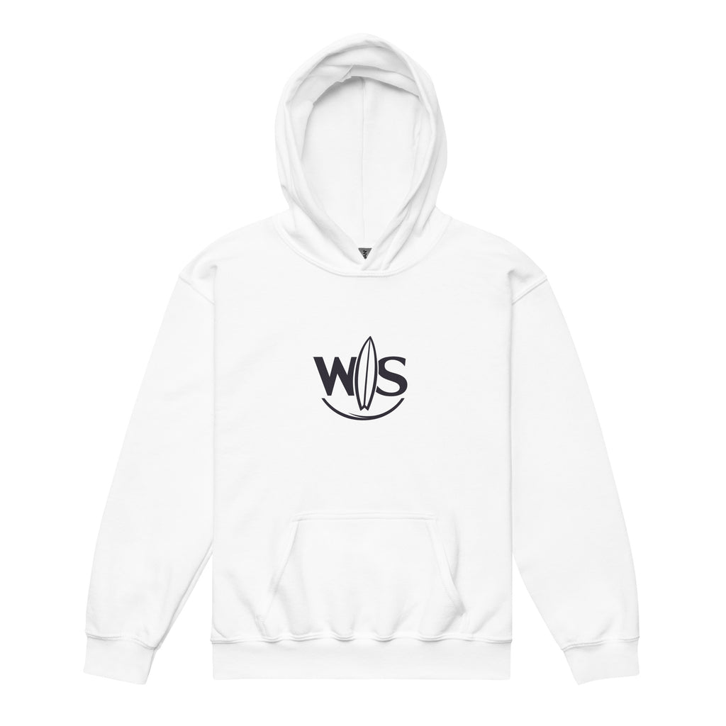 Young model wearing the white WaveSurfing™ Youth Heavy Blend Hoodie with WS surfboard logo, backpack and back-to-school coastal lifestyle.