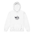 Young model wearing the white WaveSurfing™ Youth Heavy Blend Hoodie with WS surfboard logo, backpack and back-to-school coastal lifestyle.