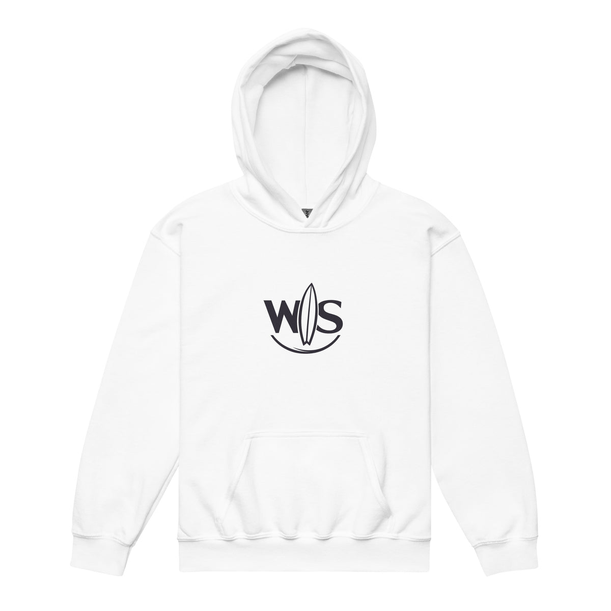Young model wearing the white WaveSurfing™ Youth Heavy Blend Hoodie with WS surfboard logo, backpack and back-to-school coastal lifestyle.